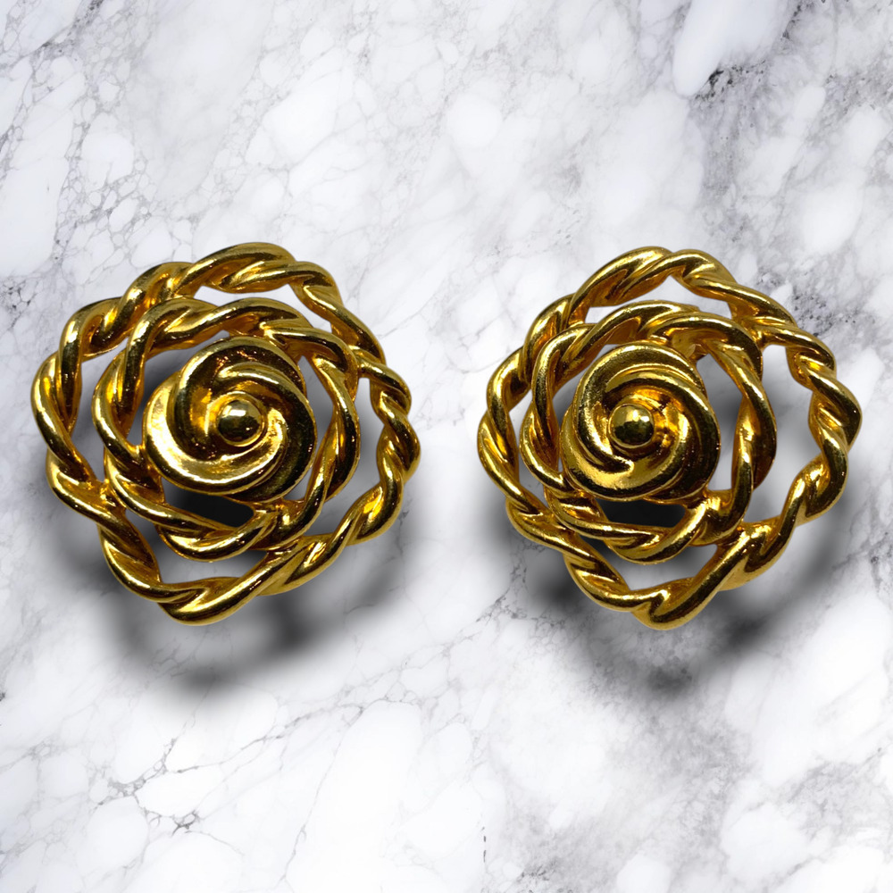 Vintage 1980's Modernist Gold Tone Twisted Rope Earrings Clip On Couture Runway